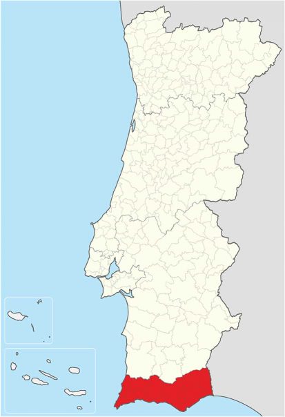 Mapa de Portugal com destaque do Algarve